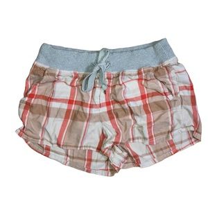 Aerie peach and tan plaid sleep shorts with thick gray elastic waistband, Medium